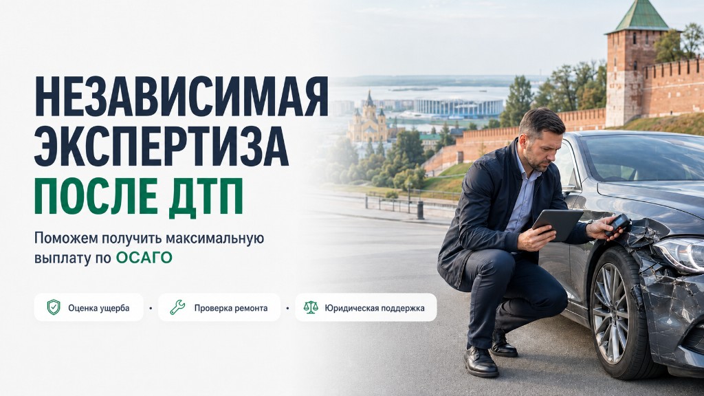 Независимая экспертиза автомобиля после ДТП в Нижнем Новгороде — эксперт осматривает повреждения
